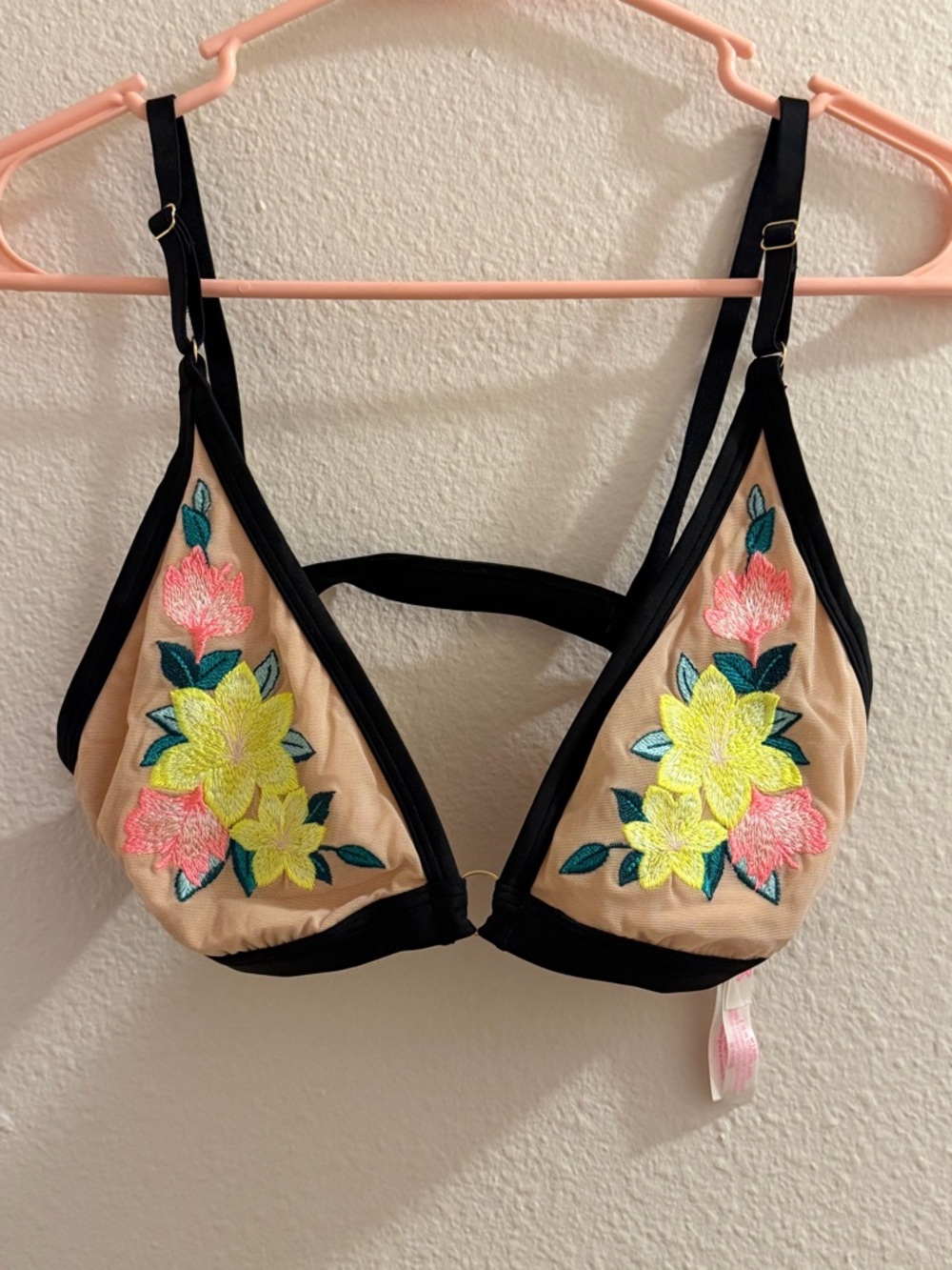 PINK Victoria’s Secret Floral Embroidered Triangle Bralette - Black & Nude